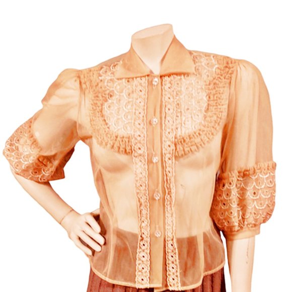 Vintage Tops - 1950s Vintage Sheer Nylon Peach Orange Blouse With Ruffled Sleeves And Front